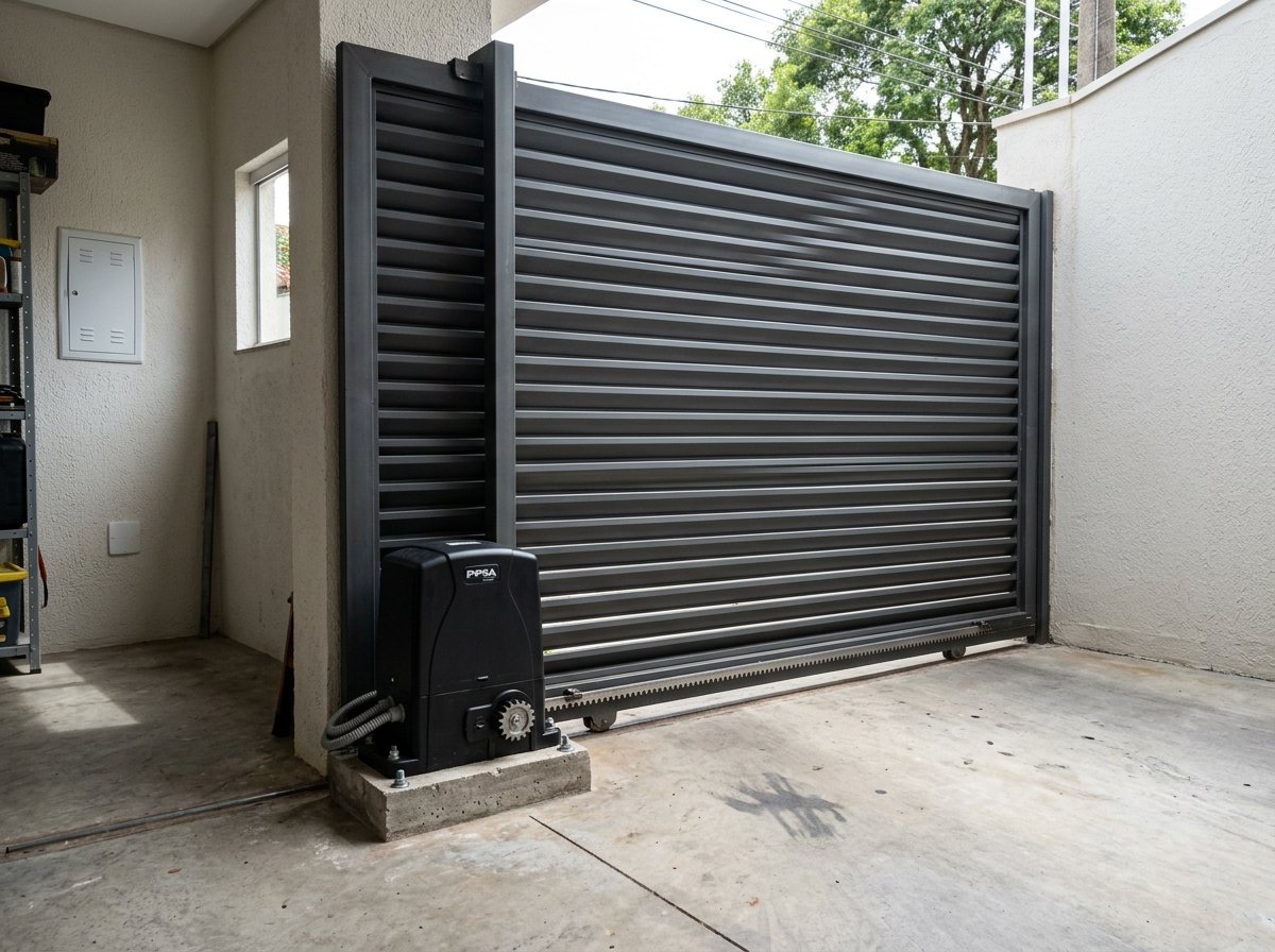 Portão eletrônico residencial deslizante instalado e funcionando